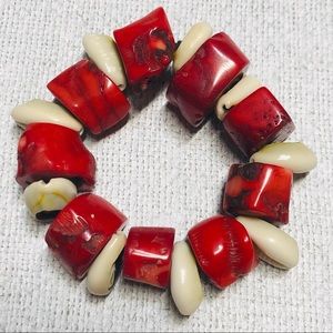 Genuine Coral Chunk & Puka Shell Bracelet